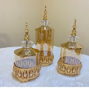 طقم علب كاندي من 3 قطع معدن مع زجاج